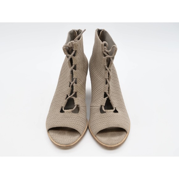 Eileen Fisher Booties Womens 8.5 Beige Suede Lace Up Peep Toe Cuban Ankle Boot - Picture 7 of 11
